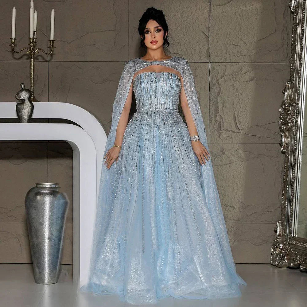 Vestidos de noche largos de corte A con mangas capa azul árabe y cuentas, estilo celebridades, para bodas y fiestas (LA72427) 