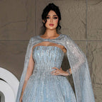 Vestidos de noche largos de corte A con mangas capa azul árabe y cuentas, estilo celebridades, para bodas y fiestas (LA72427) 