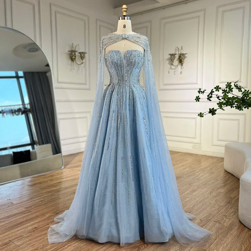 Vestidos de noche largos de corte A con mangas capa azul árabe y cuentas, estilo celebridades, para bodas y fiestas (LA72427) 