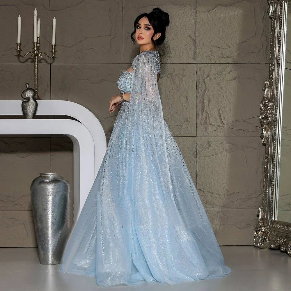 Vestidos de noche largos de corte A con mangas capa azul árabe y cuentas, estilo celebridades, para bodas y fiestas (LA72427) 