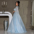 Vestidos de noche largos de corte A con mangas capa azul árabe y cuentas, estilo celebridades, para bodas y fiestas (LA72427) 