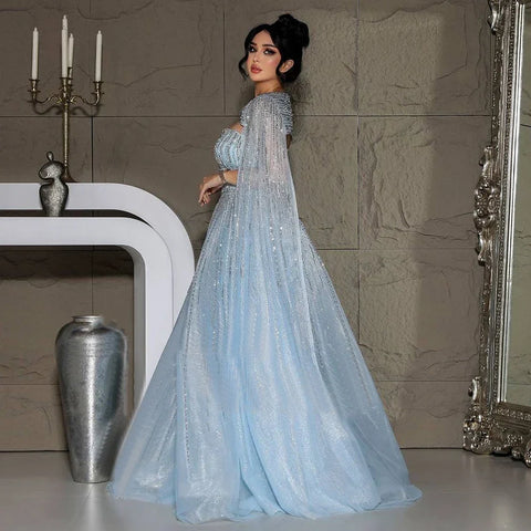 Robe de soirée longue à manches cape bleues style arabe, coupe trapèze, ornée de perles, pour femmes, tenue de soirée de mariage, LA72427 