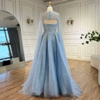 Vestidos de noche largos de corte A con mangas capa azul árabe y cuentas, estilo celebridades, para bodas y fiestas (LA72427) 