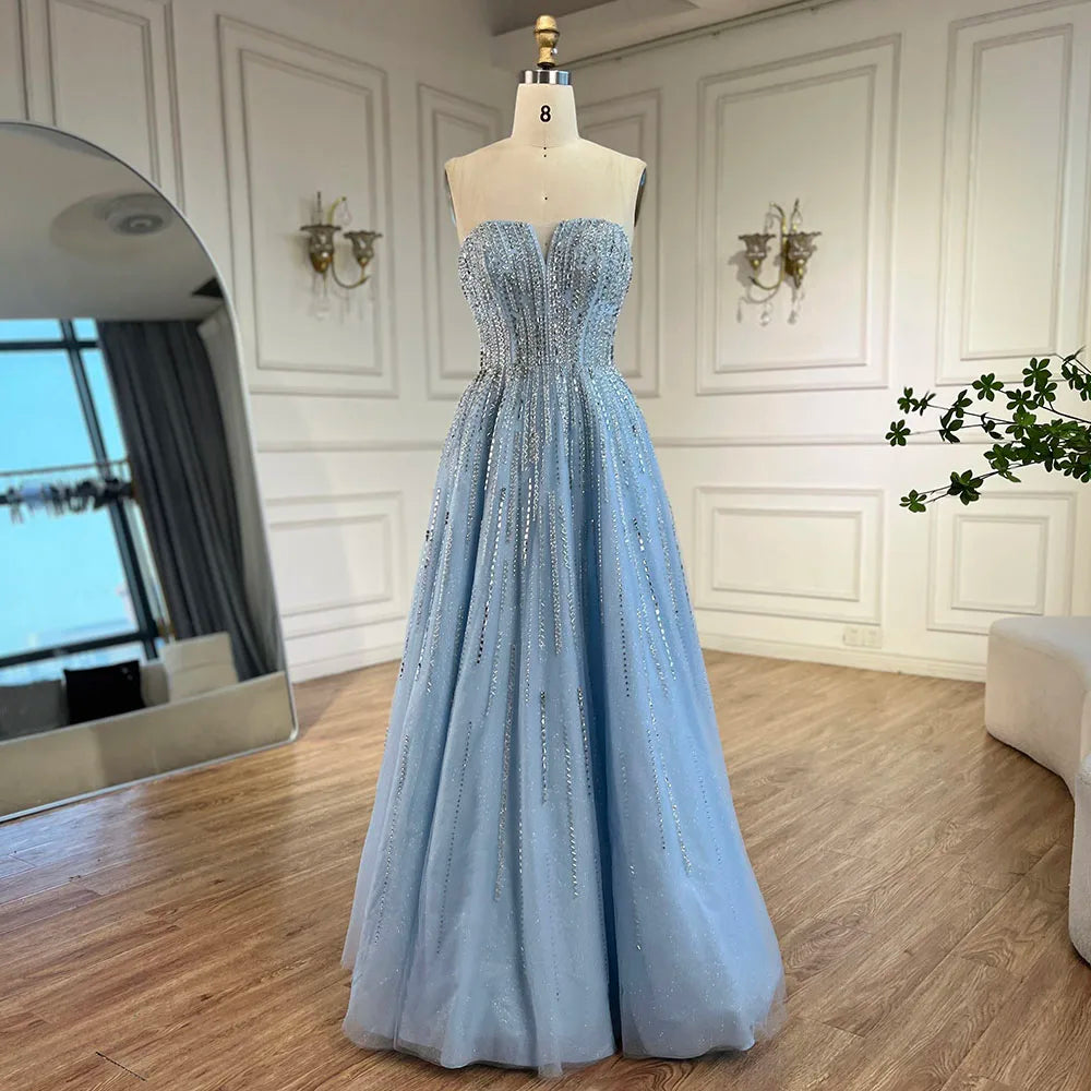 Vestidos de noche largos de corte A con mangas capa azul árabe y cuentas, estilo celebridades, para bodas y fiestas (LA72427) 