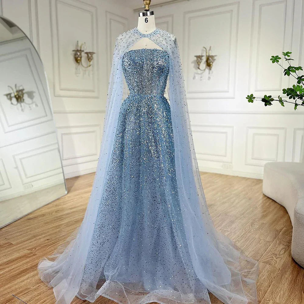 Vestido de noche de lujo azul árabe de Dubái, corte en A, elegante, con mangas tipo capa y bordado con cuentas, ideal para fiestas de mujer (LA72659). Talla grande. 