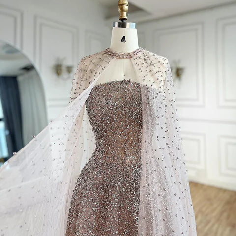 Robe de soirée de luxe bleu arabe Dubaï, coupe trapèze, élégante, manches cape, perles, pour femme, taille peluche, LA72659, 2025 