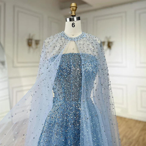 Robe de soirée de luxe bleu arabe Dubaï, coupe trapèze, élégante, manches cape, perles, pour femme, taille peluche, LA72659, 2025 