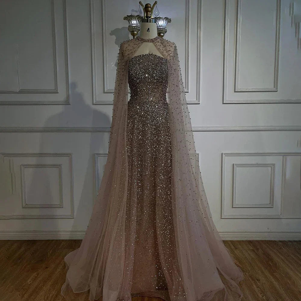 Vestido de noche de lujo azul árabe de Dubái, corte en A, elegante, con mangas tipo capa y bordado con cuentas, ideal para fiestas de mujer (LA72659). Talla grande. 
