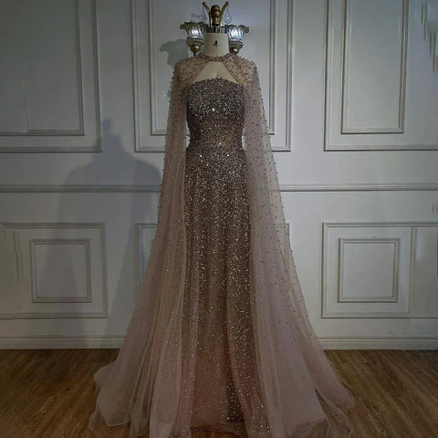 Robe de soirée de luxe bleu arabe Dubaï, coupe trapèze, élégante, manches cape, perles, pour femme, taille peluche, LA72659, 2025 