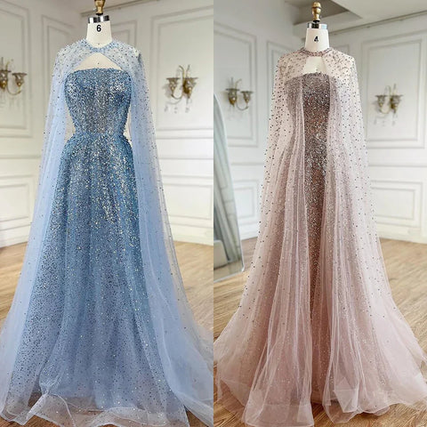 Robe de soirée de luxe bleu arabe Dubaï, coupe trapèze, élégante, manches cape, perles, pour femme, taille peluche, LA72659, 2025 