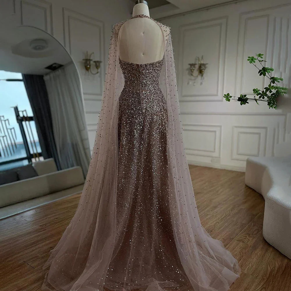 Vestido de noche de lujo azul árabe de Dubái, corte en A, elegante, con mangas tipo capa y bordado con cuentas, ideal para fiestas de mujer (LA72659). Talla grande. 