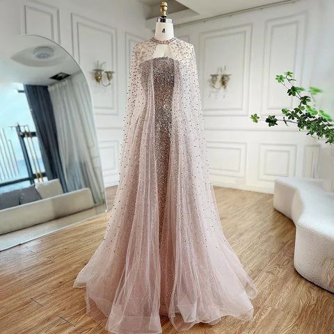 Robe de soirée de luxe bleu arabe Dubaï, coupe trapèze, élégante, manches cape, perles, pour femme, taille peluche, LA72659, 2025 