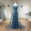 Vestido de noche de lujo con mangas de capa, estilo sirena, azul árabe, elegante, con cuentas, para mujer, ideal para bodas y fiestas (LA72423) 