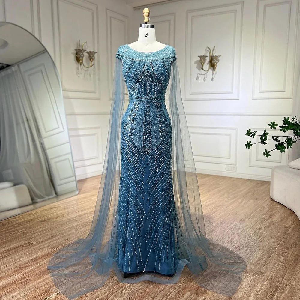 Vestido de noche de lujo con mangas de capa, estilo sirena, azul árabe, elegante, con cuentas, para mujer, ideal para bodas y fiestas (LA72423) 