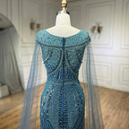 Vestido de noche de lujo con mangas de capa, estilo sirena, azul árabe, elegante, con cuentas, para mujer, ideal para bodas y fiestas (LA72423) 
