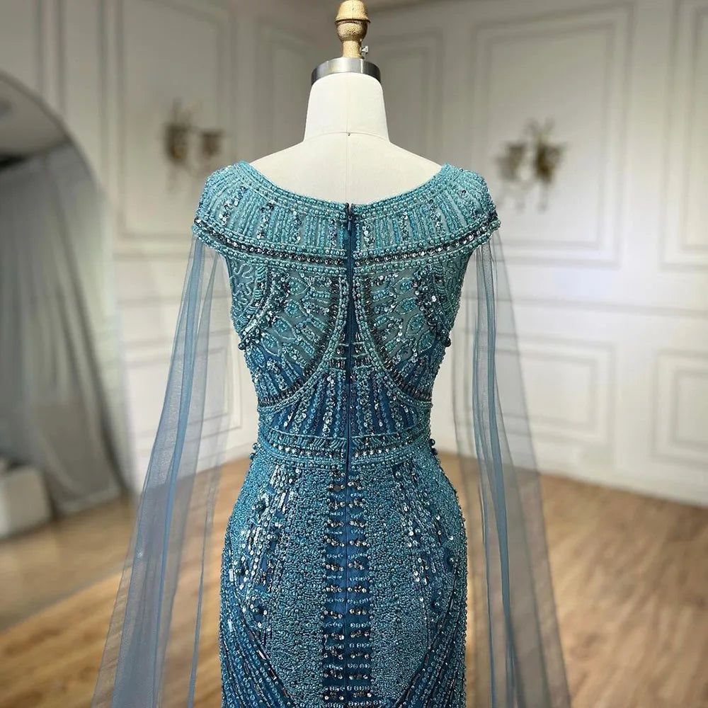 Vestido de noche de lujo con mangas de capa, estilo sirena, azul árabe, elegante, con cuentas, para mujer, ideal para bodas y fiestas (LA72423) 
