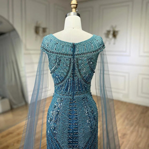 Robe de soirée élégante style sirène bleu arabe, manches cape, perles, luxueuse, pour femme, tenue de mariage, LA72423, 2025 