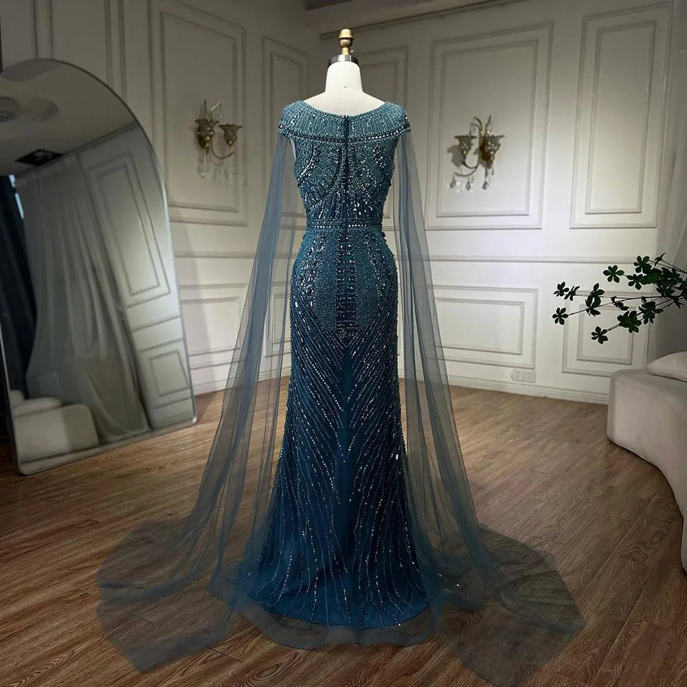 Vestido de noche de lujo con mangas de capa, estilo sirena, azul árabe, elegante, con cuentas, para mujer, ideal para bodas y fiestas (LA72423) 