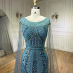 Vestido de noche de lujo con mangas de capa, estilo sirena, azul árabe, elegante, con cuentas, para mujer, ideal para bodas y fiestas (LA72423) 