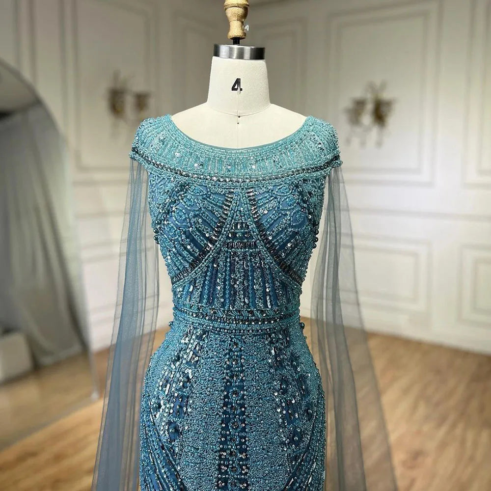 Vestido de noche de lujo con mangas de capa, estilo sirena, azul árabe, elegante, con cuentas, para mujer, ideal para bodas y fiestas (LA72423) 