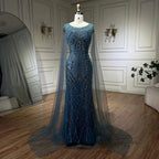 Vestido de noche de lujo con mangas de capa, estilo sirena, azul árabe, elegante, con cuentas, para mujer, ideal para bodas y fiestas (LA72423) 