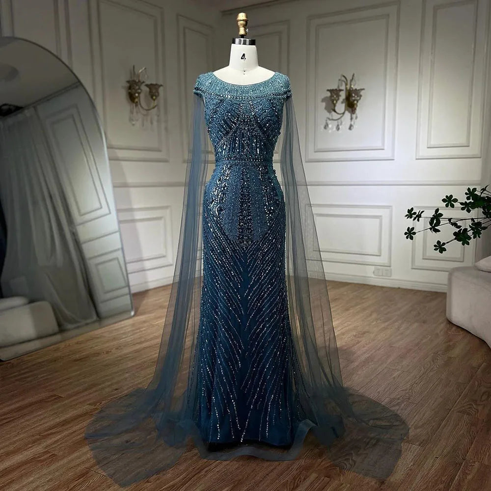 Vestido de noche de lujo con mangas de capa, estilo sirena, azul árabe, elegante, con cuentas, para mujer, ideal para bodas y fiestas (LA72423) 