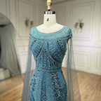 Vestido de noche de lujo con mangas de capa, estilo sirena, azul árabe, elegante, con cuentas, para mujer, ideal para bodas y fiestas (LA72423) 