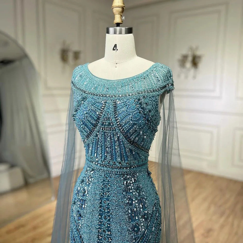 Vestido de noche de lujo con mangas de capa, estilo sirena, azul árabe, elegante, con cuentas, para mujer, ideal para bodas y fiestas (LA72423) 