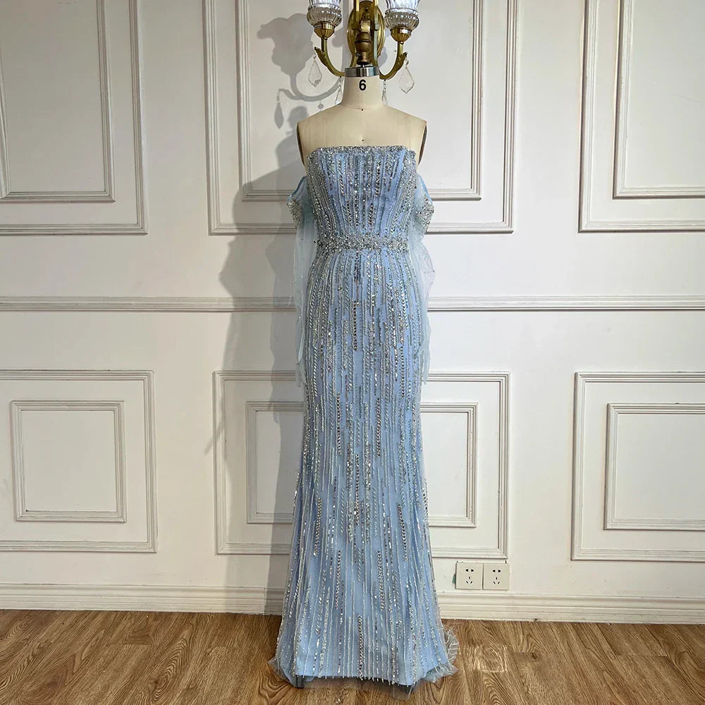 Vestido de noche de lujo estilo sirena azul árabe 2025, sin tirantes, con guantes y cuentas, vestido de fiesta para mujer, boda LA71950 