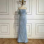Vestido de noche de lujo estilo sirena azul árabe 2025, sin tirantes, con guantes y cuentas, vestido de fiesta para mujer, boda LA71950 