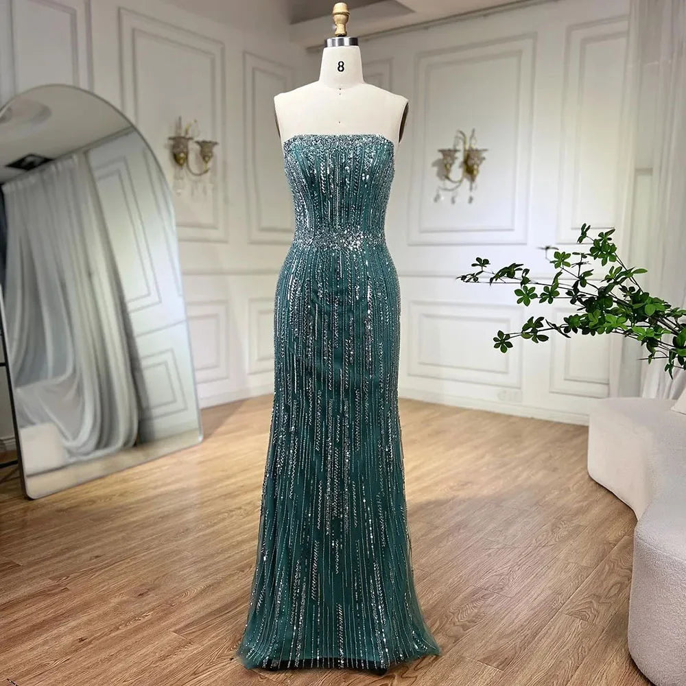 Vestido de noche de lujo estilo sirena azul árabe 2025, sin tirantes, con guantes y cuentas, vestido de fiesta para mujer, boda LA71950 