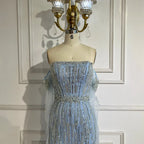 Vestido de noche de lujo estilo sirena azul árabe 2025, sin tirantes, con guantes y cuentas, vestido de fiesta para mujer, boda LA71950 