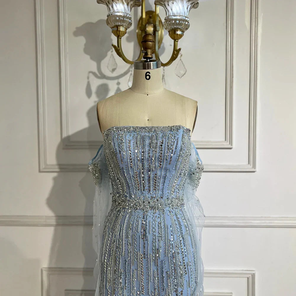 Vestido de noche de lujo estilo sirena azul árabe 2025, sin tirantes, con guantes y cuentas, vestido de fiesta para mujer, boda LA71950 