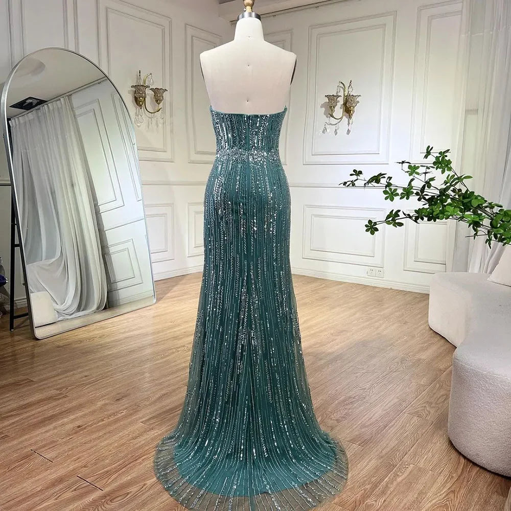 Vestido de noche de lujo estilo sirena azul árabe 2025, sin tirantes, con guantes y cuentas, vestido de fiesta para mujer, boda LA71950 