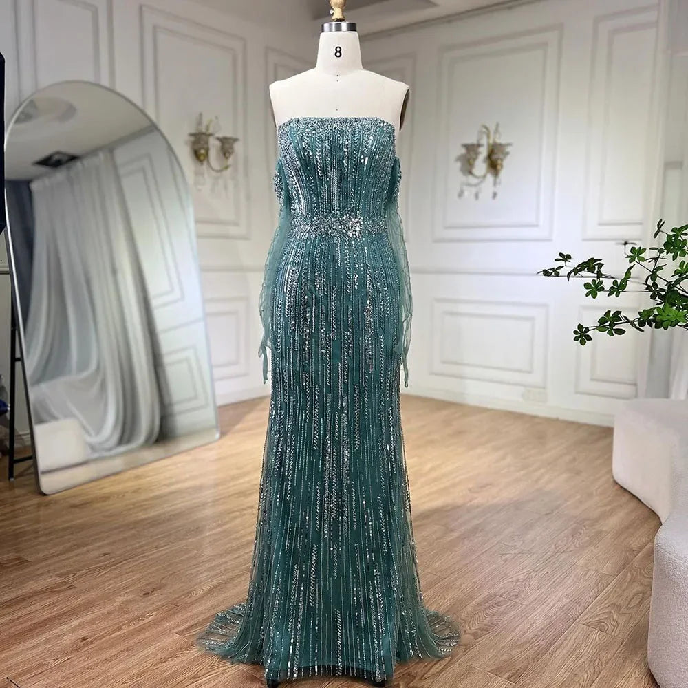 Vestido de noche de lujo estilo sirena azul árabe 2025, sin tirantes, con guantes y cuentas, vestido de fiesta para mujer, boda LA71950 