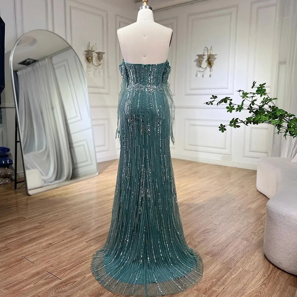 Vestido de noche de lujo estilo sirena azul árabe 2025, sin tirantes, con guantes y cuentas, vestido de fiesta para mujer, boda LA71950 