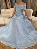 Vestido de noche largo, elegante, corte A, azul árabe, con hombros descubiertos y cuentas, ideal para ocasiones formales (LA72009A)