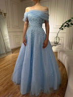 Vestido de noche largo, elegante, corte A, azul árabe, con hombros descubiertos y cuentas, ideal para ocasiones formales (LA72009A)