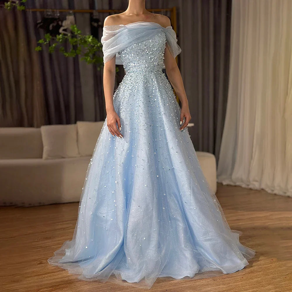 Vestido de noche largo, elegante, corte A, azul árabe, con hombros descubiertos y cuentas, ideal para ocasiones formales (LA72009A)