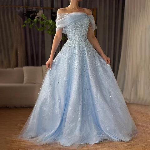 Robe de soirée longue élégante en dentelle bleu arabe, épaules dénudées, avec perles, pour occasions formelles, LA72009A, 2025