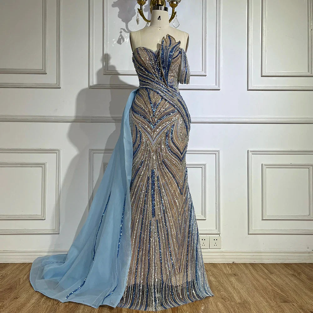 Vestido de noche de lujo de Dubái, azul árabe, de un solo hombro, con sobrefalda lateral y cuentas, modelo LA72662 (2025). 