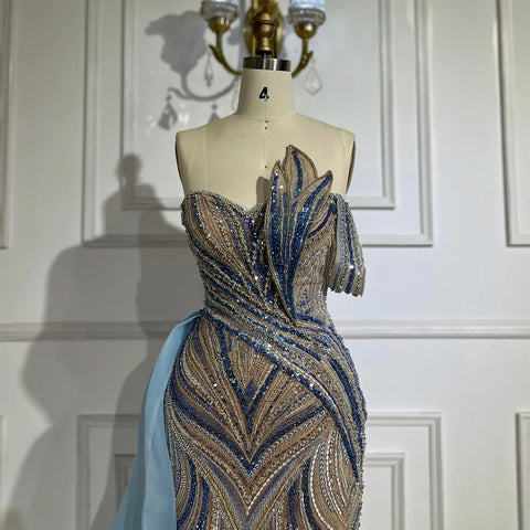 Robe de soirée de luxe bleu arabe à une épaule, style Dubaï, avec jupe latérale et perles, pour femme, LA72662, 2025 