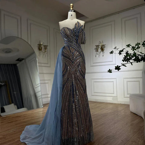 Robe de soirée de luxe bleu arabe à une épaule, style Dubaï, avec jupe latérale et perles, pour femme, LA72662, 2025 