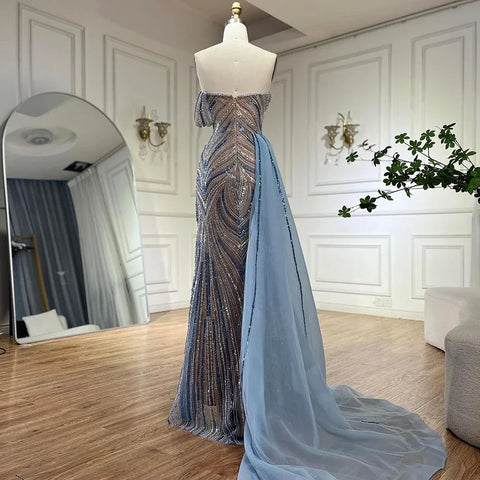 Robe de soirée de luxe bleu arabe à une épaule, style Dubaï, avec jupe latérale et perles, pour femme, LA72662, 2025 