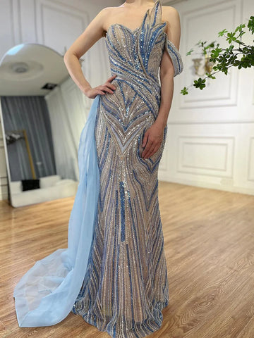 Robe de soirée de luxe bleu arabe à une épaule, style Dubaï, avec jupe latérale et perles, pour femme, LA72662, 2025 