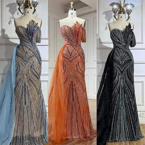Robe de soirée de luxe bleu arabe à une épaule, style Dubaï, avec jupe latérale et perles, pour femme, LA72662, 2025 