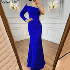 Vestido de noche sirena blanco de satén azul árabe 2025, elegante con cuentas para mujer, ideal para bodas y fiestas (LA71152) 