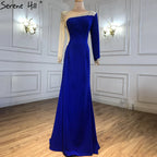 Vestido de noche sirena blanco de satén azul árabe 2025, elegante con cuentas para mujer, ideal para bodas y fiestas (LA71152) 
