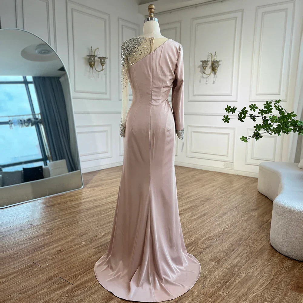 Vestido de noche sirena blanco de satén azul árabe 2025, elegante con cuentas para mujer, ideal para bodas y fiestas (LA71152) 