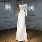 Vestido de noche sirena blanco de satén azul árabe 2025, elegante con cuentas para mujer, ideal para bodas y fiestas (LA71152) 
